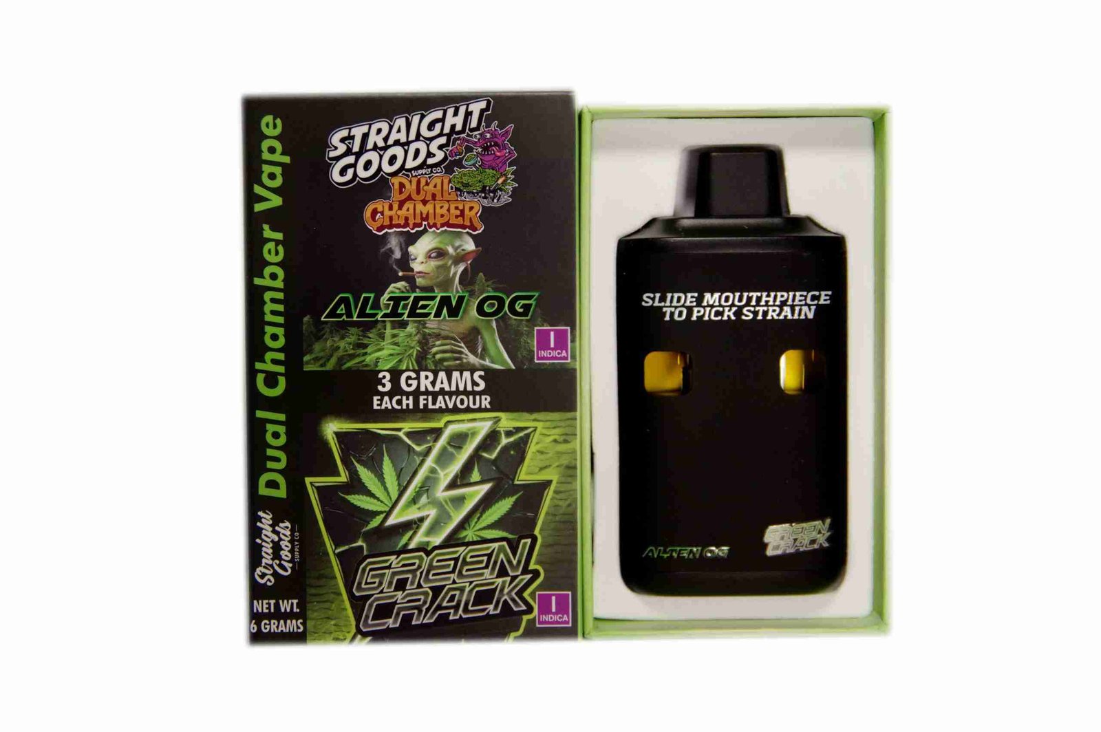 Straight Goods – Dual Chamber Vape – Alien OG + Green Crack (3 Grams + 3 Grams)