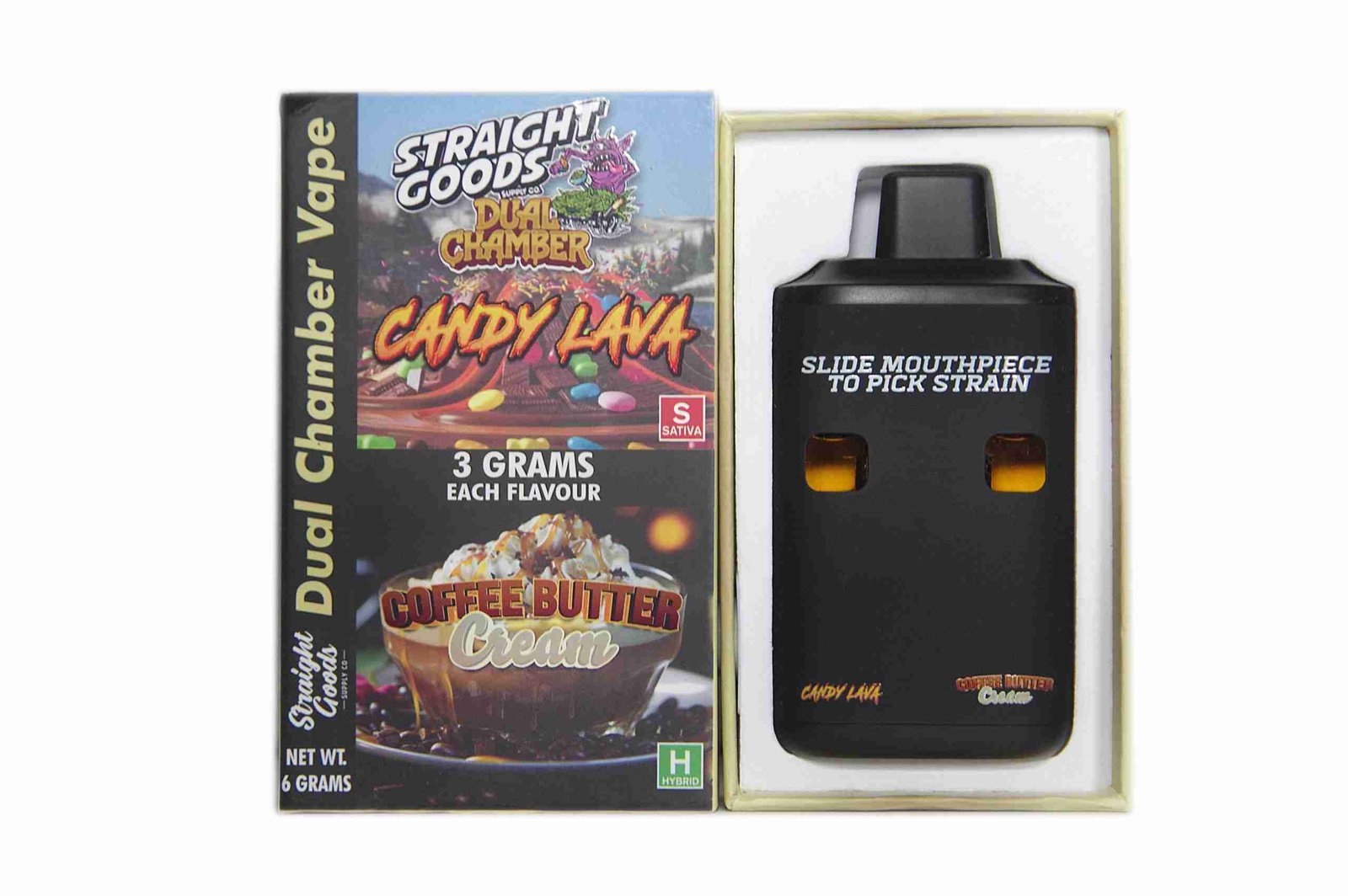Straight Goods – Dual Chamber Vape – Candy Lava x Coffee Butter Cream (3 Grams + 3 Grams)