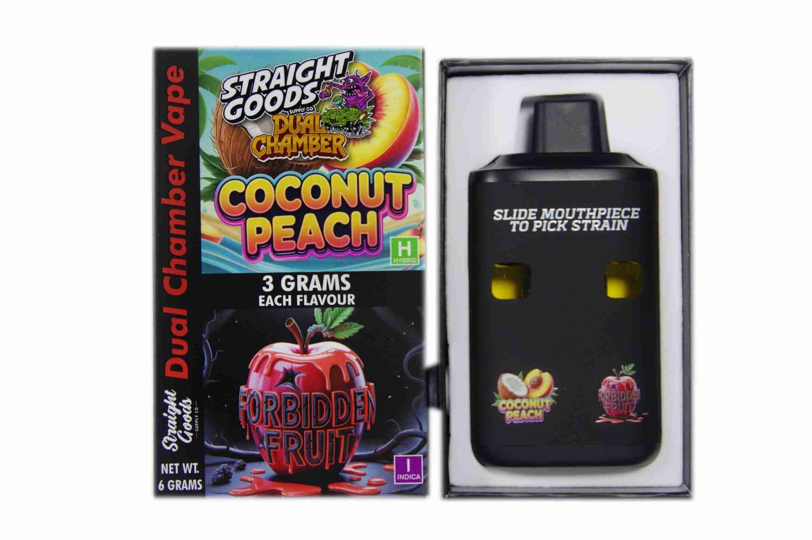 Straight Goods – Dual Chamber Vape – Coconut Peach + Forbidden Fruit (3 Grams + 3 Grams)
