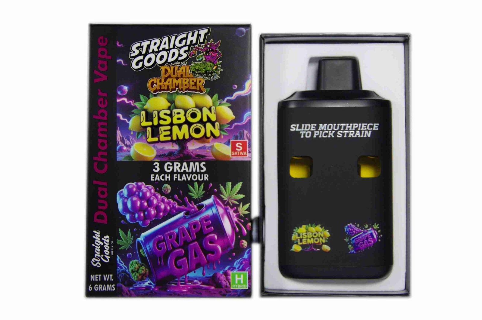 Straight Goods – Dual Chamber Vape – Lisbon Lemon + Grape Gas (3 Grams + 3 Grams)