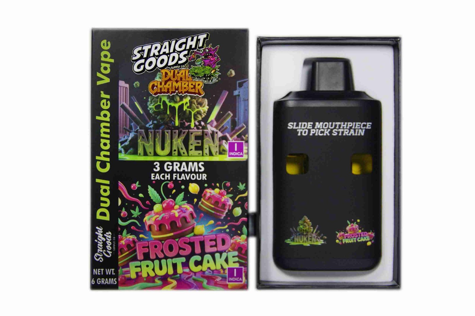 Straight Goods – Dual Chamber Vape – Nuken + Frosted Fruit Cake (3 Grams + 3 Grams)